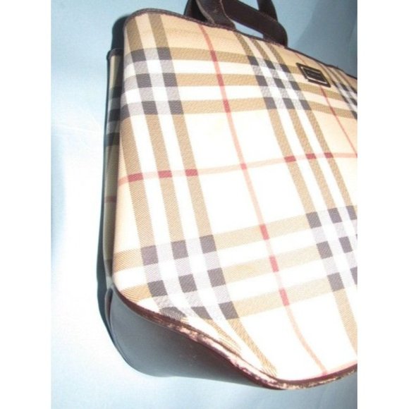 Burberry Brown Red White Black Nova Check Plaid Print Canvas Leather - Picture 4 of 12